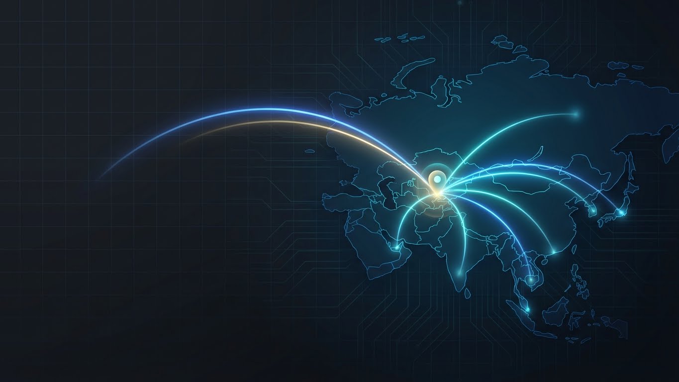 IT Park Tashkent regional hub map showing coverage across Russia and Central Asia