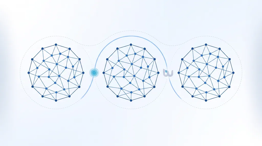 Abstract illustration of three balanced cloud network clusters linked through one EU governance gateway, representing provider-flexible, portable architecture.