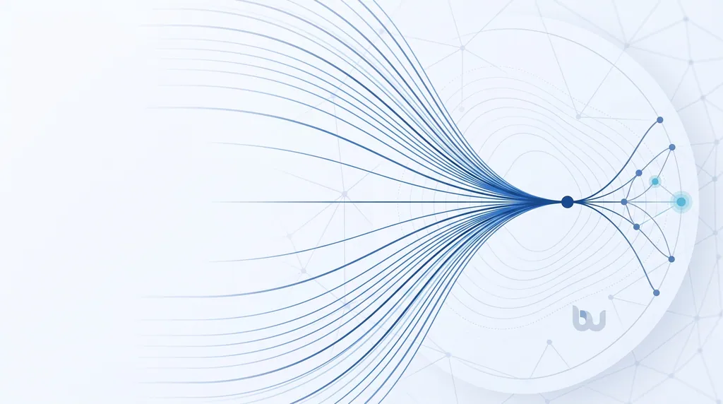 Abstract Beakwise illustration of governed data flows converging into a single secure node, representing managed, sovereign EU cloud operations.