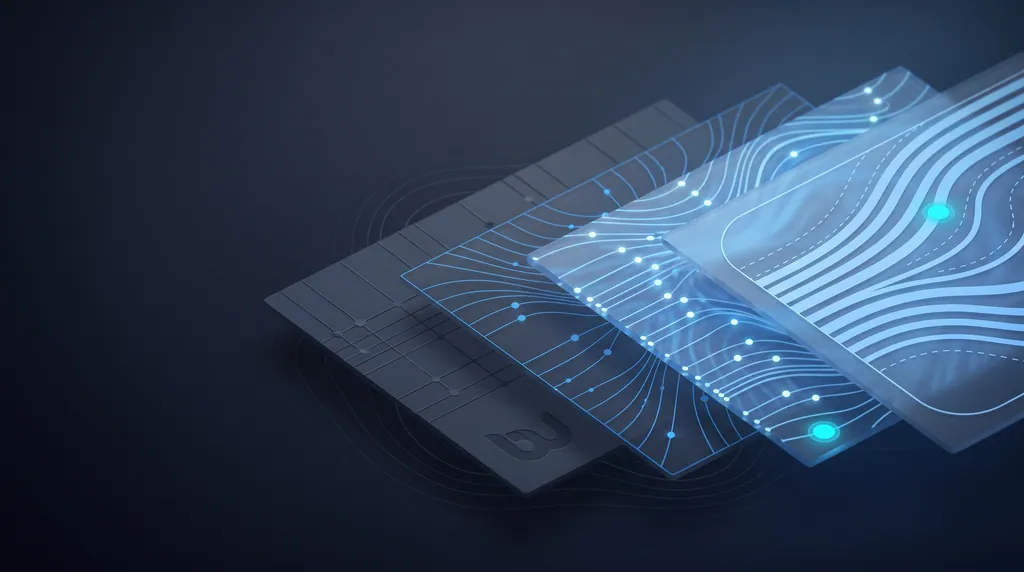 Abstract illustration of layered cloud architecture maturing from a secure landing zone into fully governed live operations.